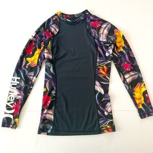 Hurley Top Women’s Size S Black Floral UPF 50 Tankini Swim Stretch Long Sleeves